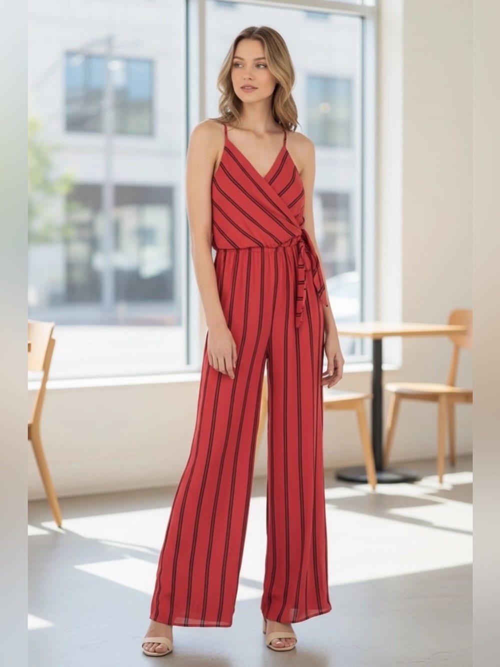 Express Red Striped Wrap Jumpsuit